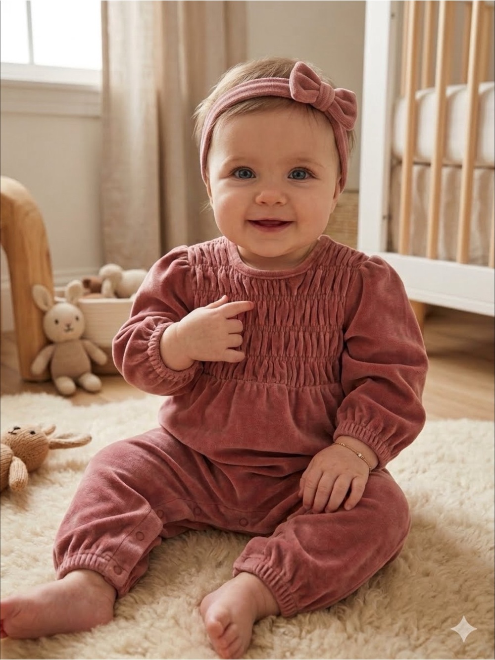 Jessica Simpson Dusty Rose Velour Smocked Baby Girl Jumpsuit Coquette Cozy 12mo